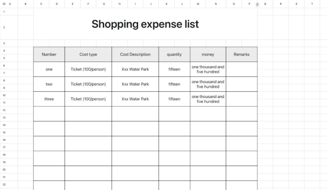 Shopping expense list 1
